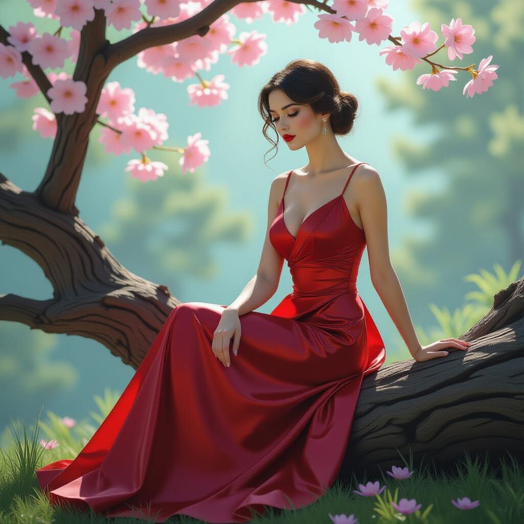 Girl in Crimson Dress: Surreal Impasto Art