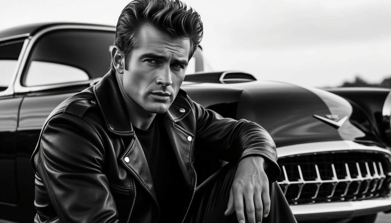 James Dean Inspired Portrait with Vintage Car in B&W