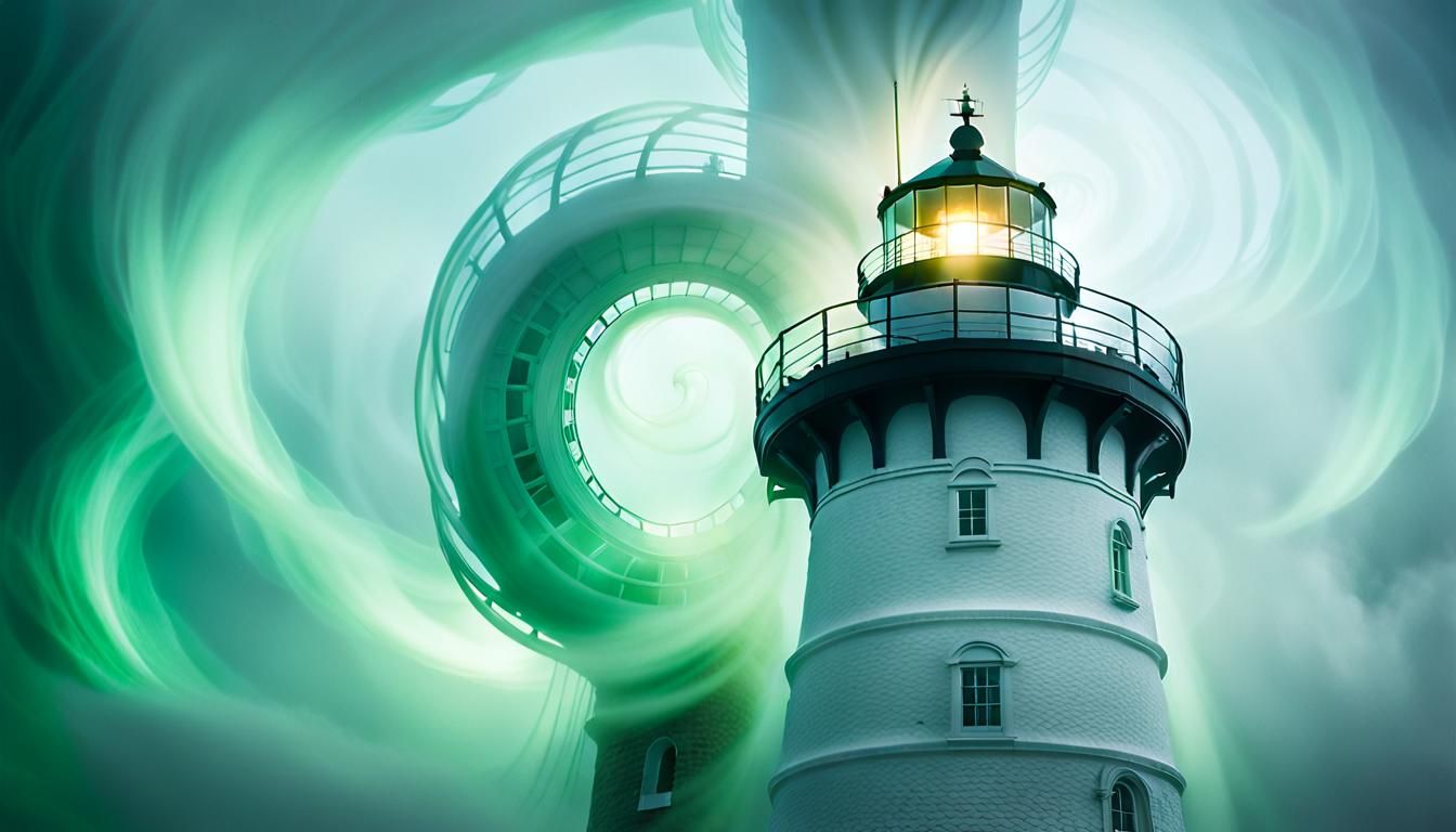 Surreal Green Glow Lighthouse in Fog