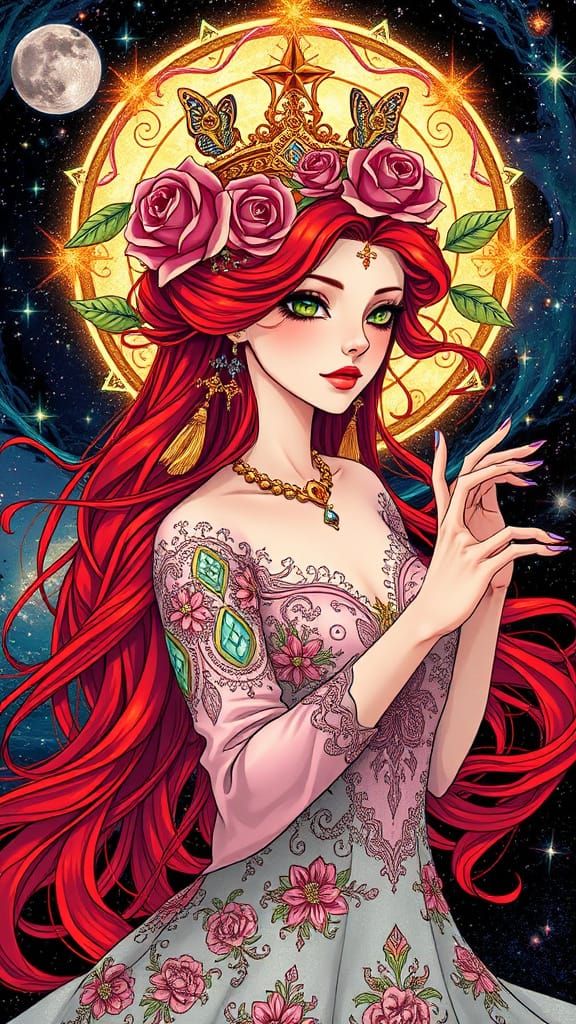 Transcendent Woman with Cosmic Crown and Roses
