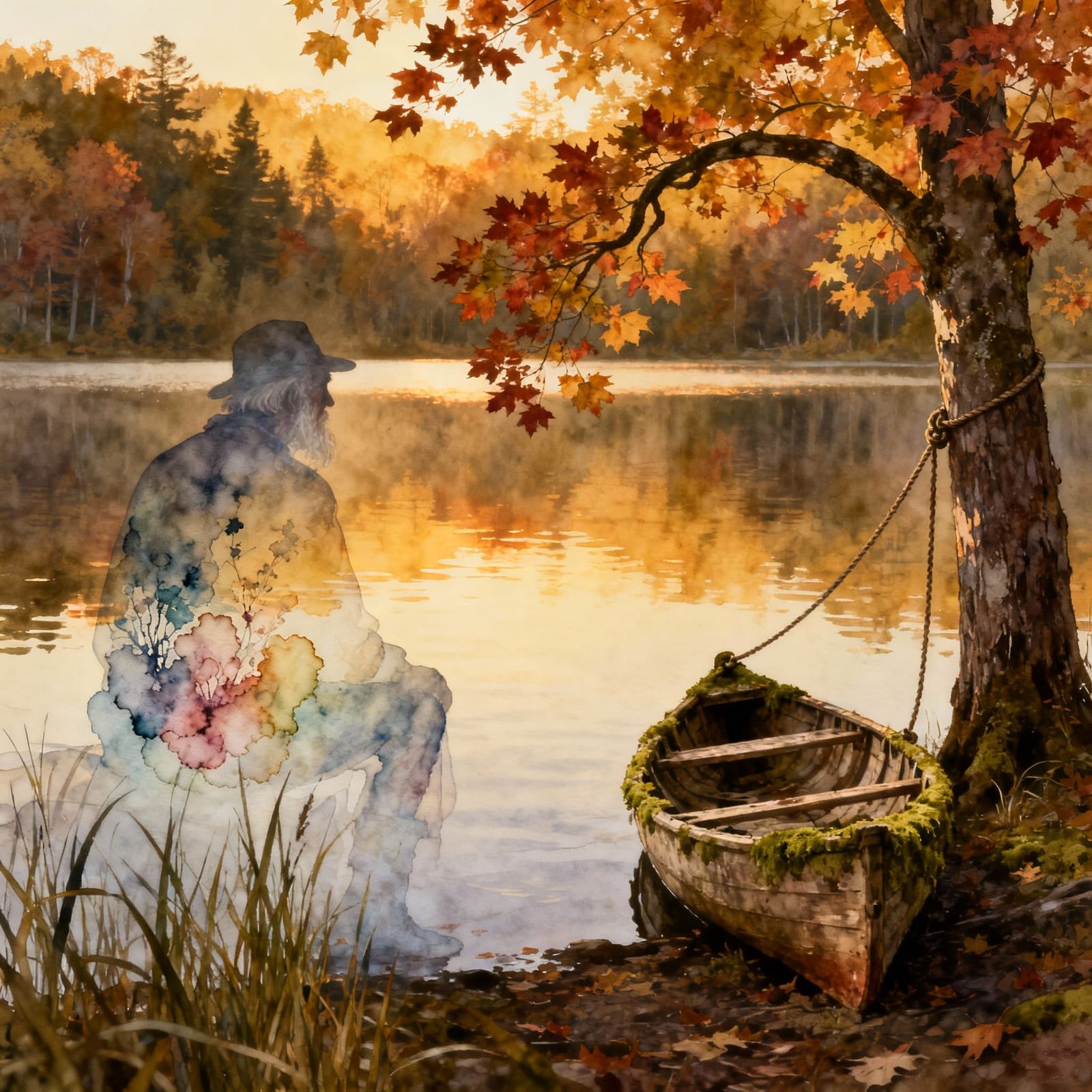 Ghostly Fisherman Silhouette with Autumn Lake in Alcohol Ink...