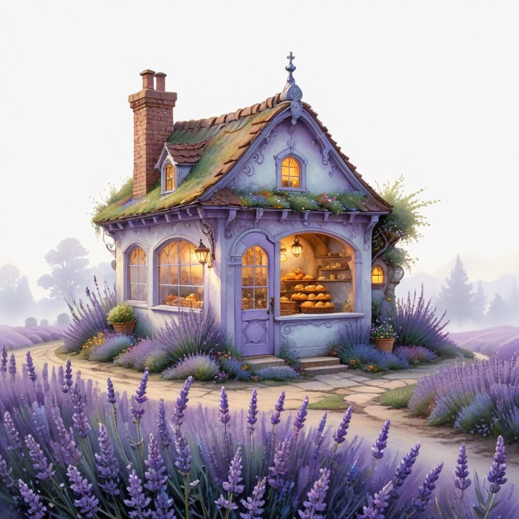 Lavender Field Bakery: Watercolor Dreamscape in Ethereal Mis...