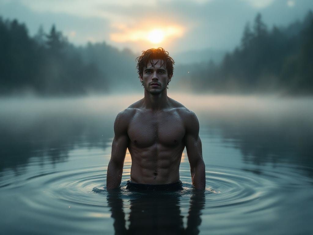 Young Man in Misty Lake at Dawn, Hyperrealistic Lighting