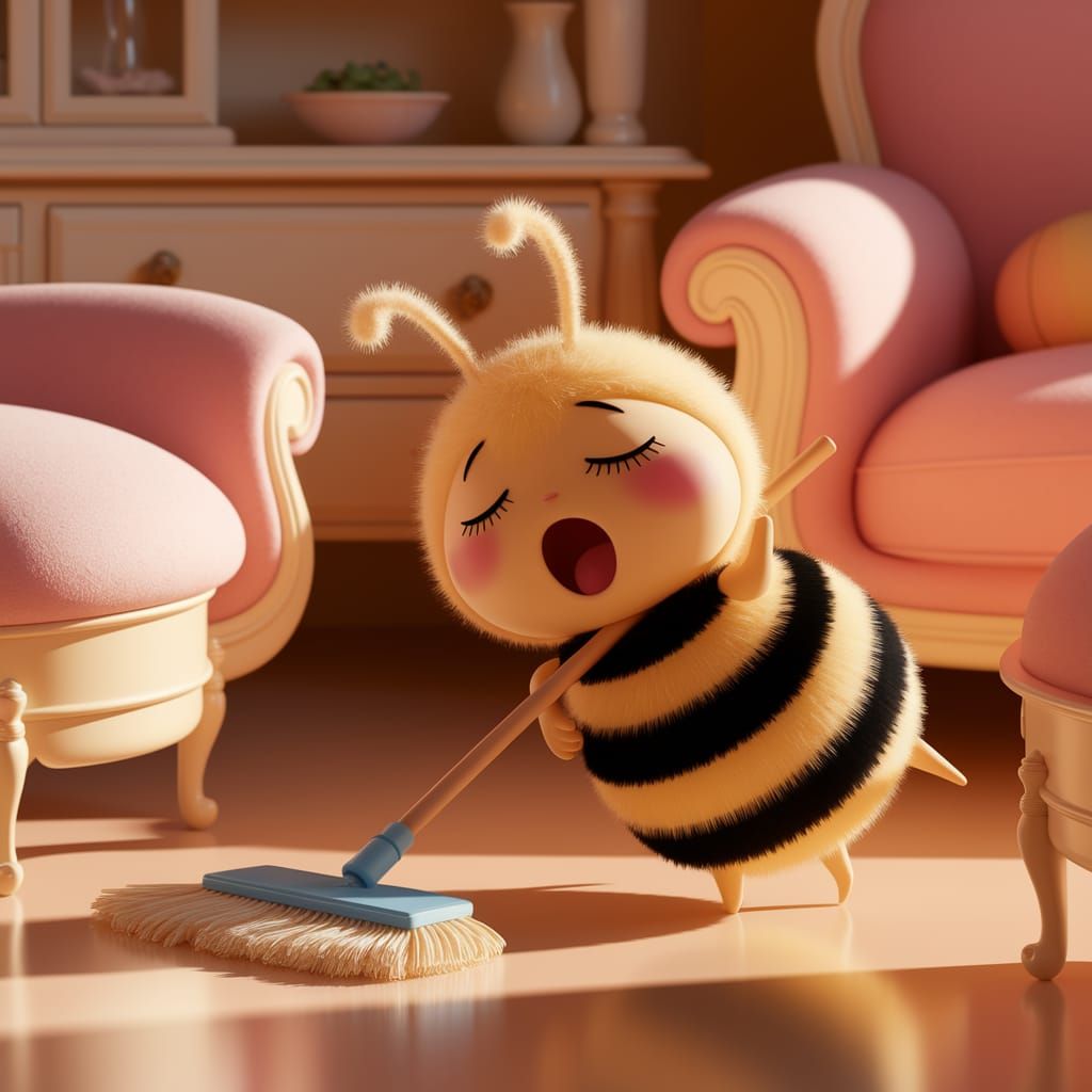 Sleepy Bee Mopping Floor in Whimsical Pastel Room