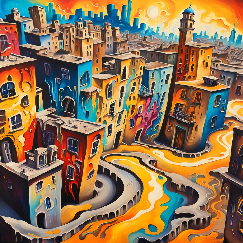 Surreal Melting Cityscape in Graffiti Art Style