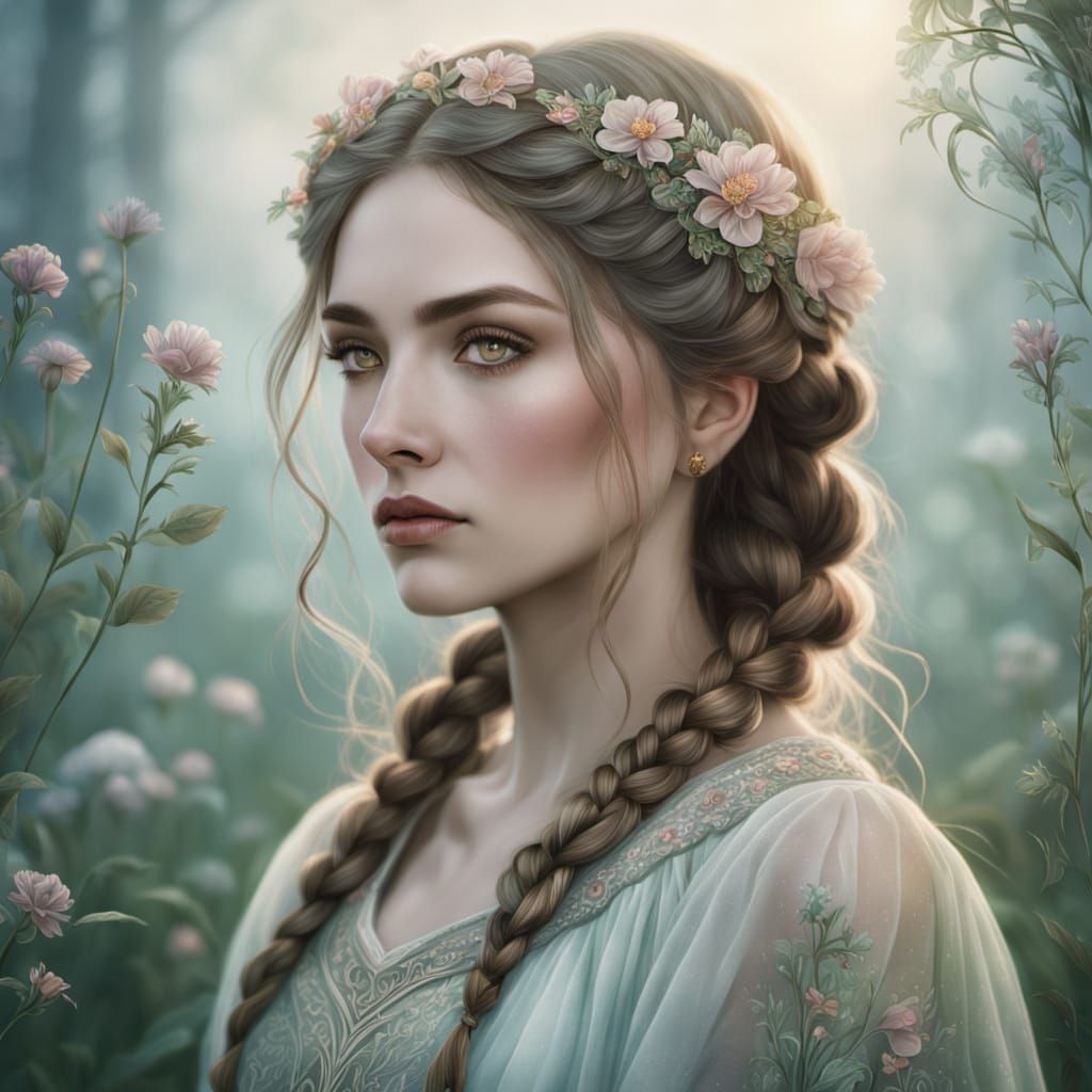 Art Nouveau Fantasy Woman in Misty Meadow