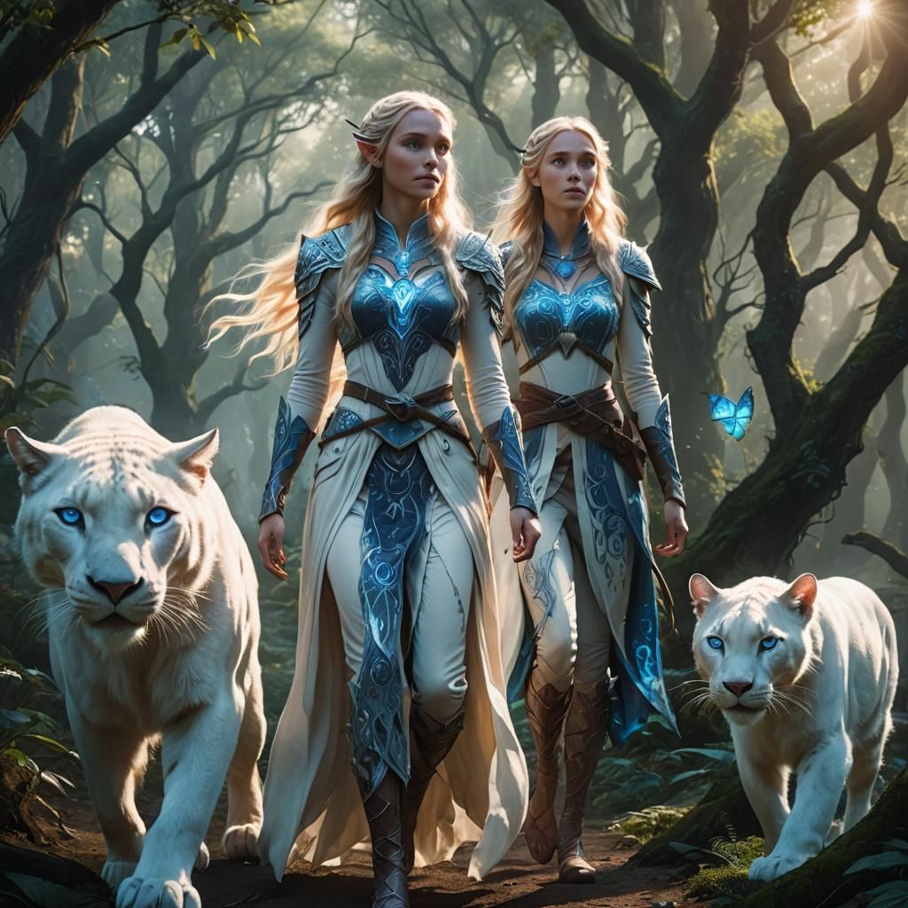 Elf and Panther in Mystical Forest, Digital Painting