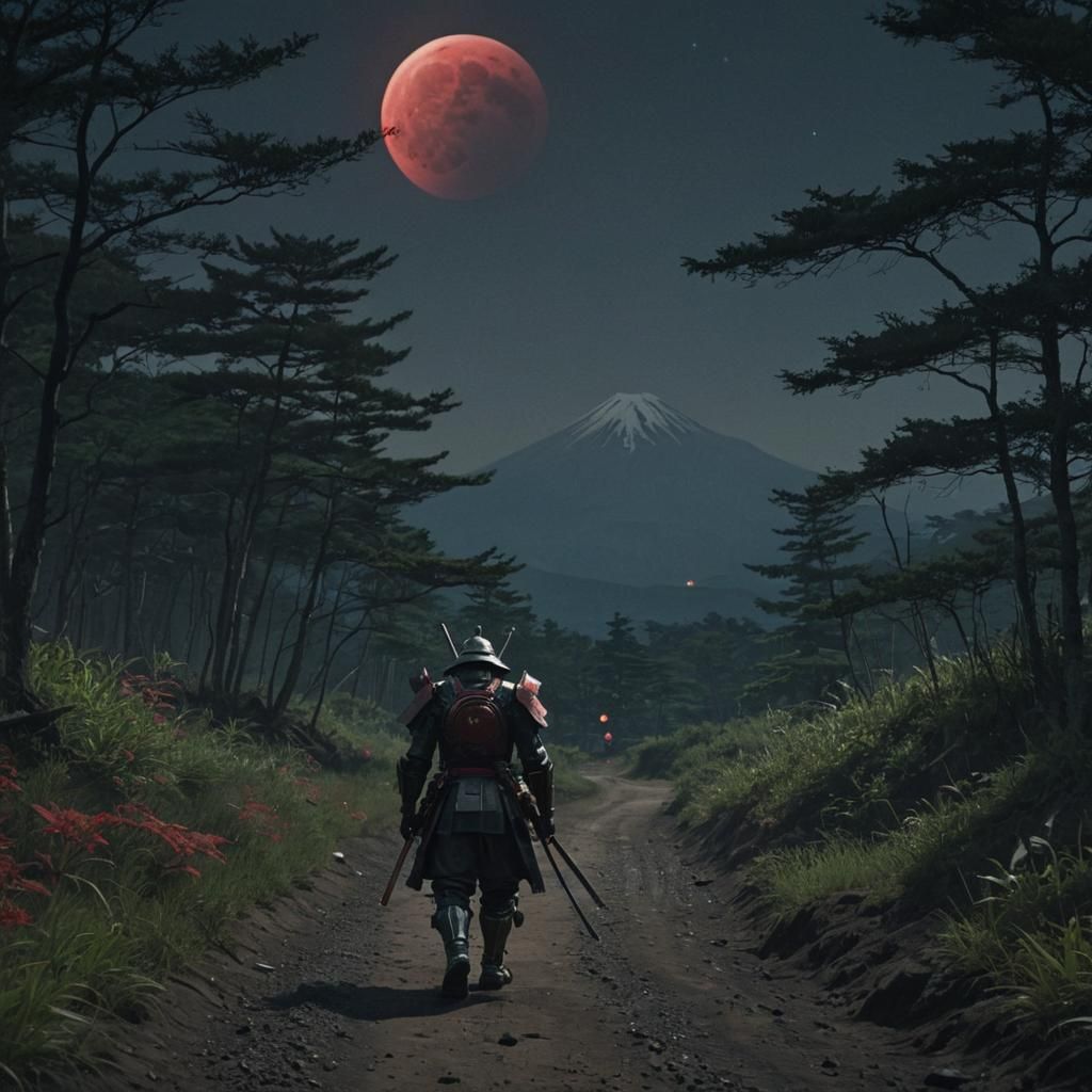 Samurai in Mech Armor Under Red Moon