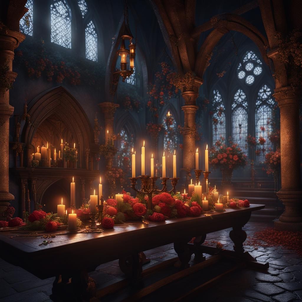 Ethereal Medieval Lair with Flowers and Candlelight