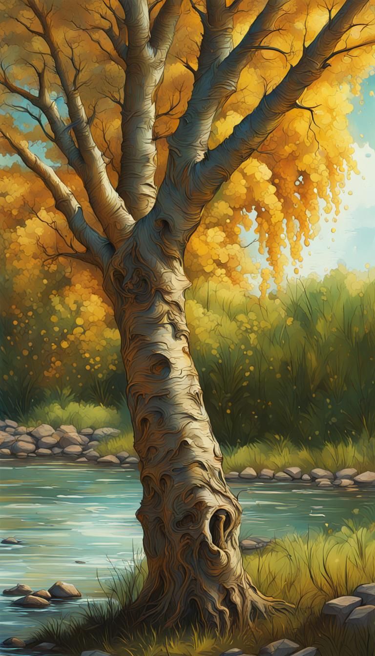 Hyperrealistic Poplar Tree by River in Splash Art