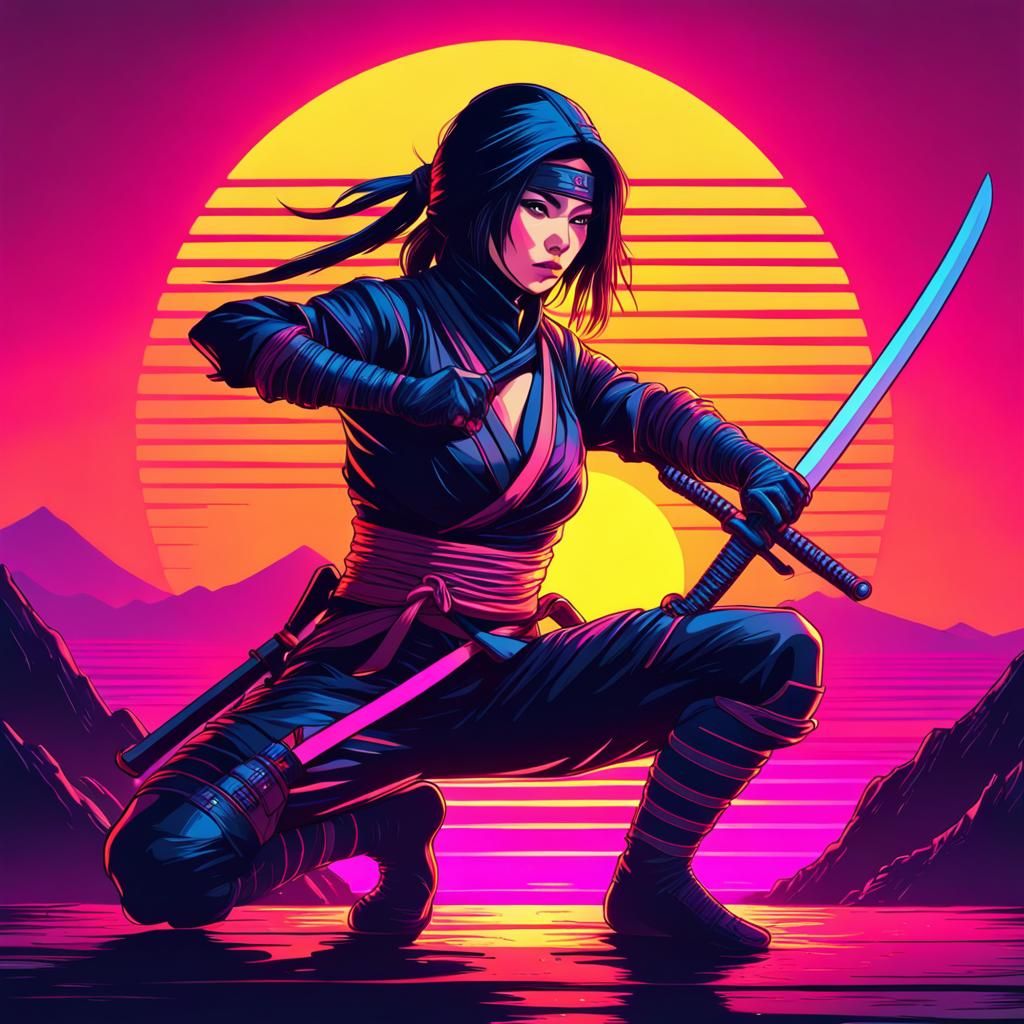 Ninja Assassin with Sword in Synthwave Style