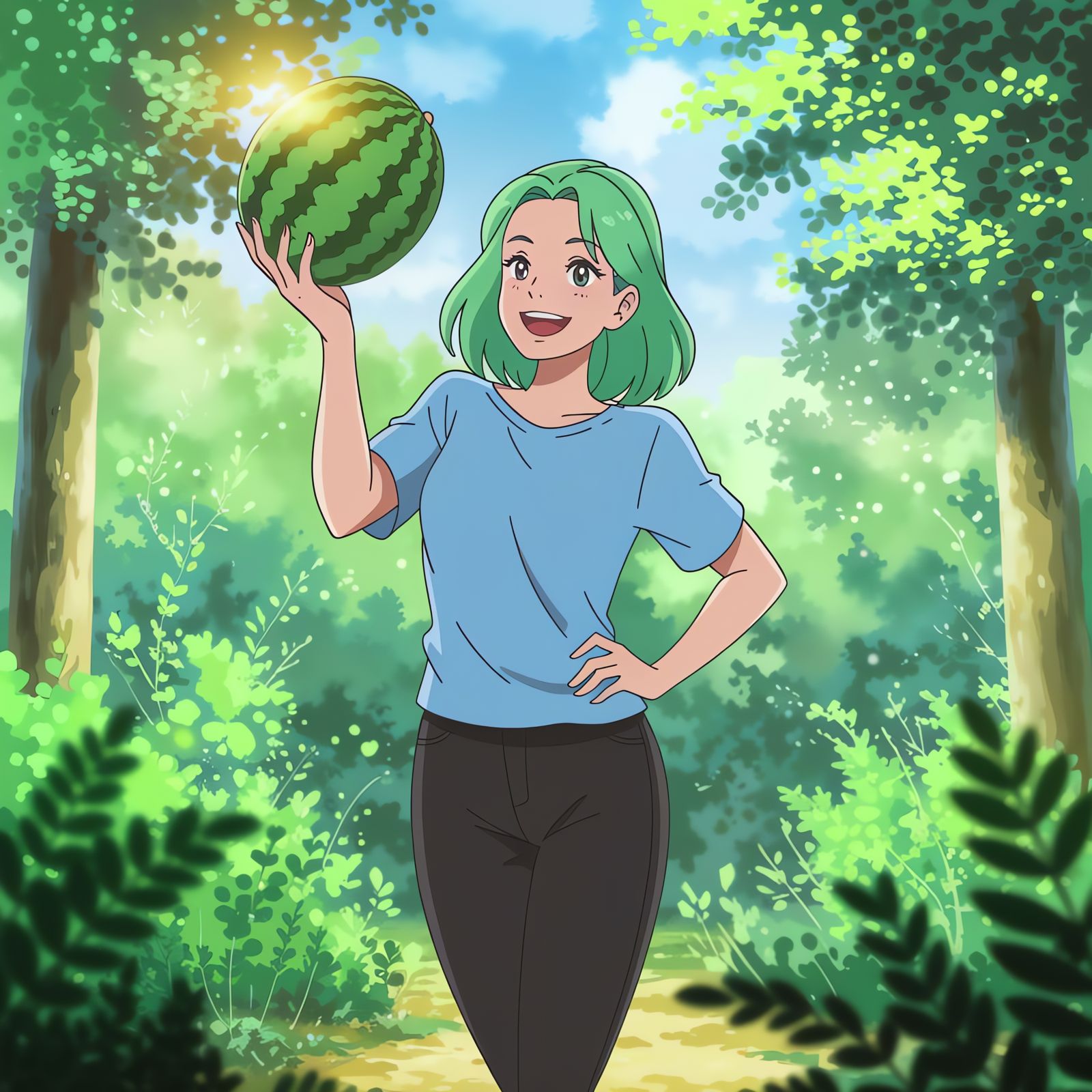 Green-Haired Woman with Watermelon in Anime Style