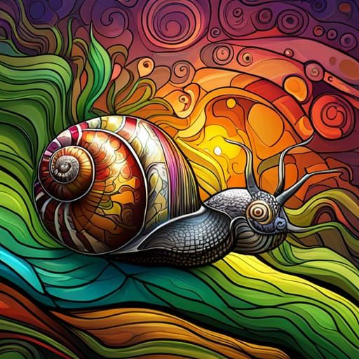 Art Nouveau Snail on Rock in Stained Glass Style