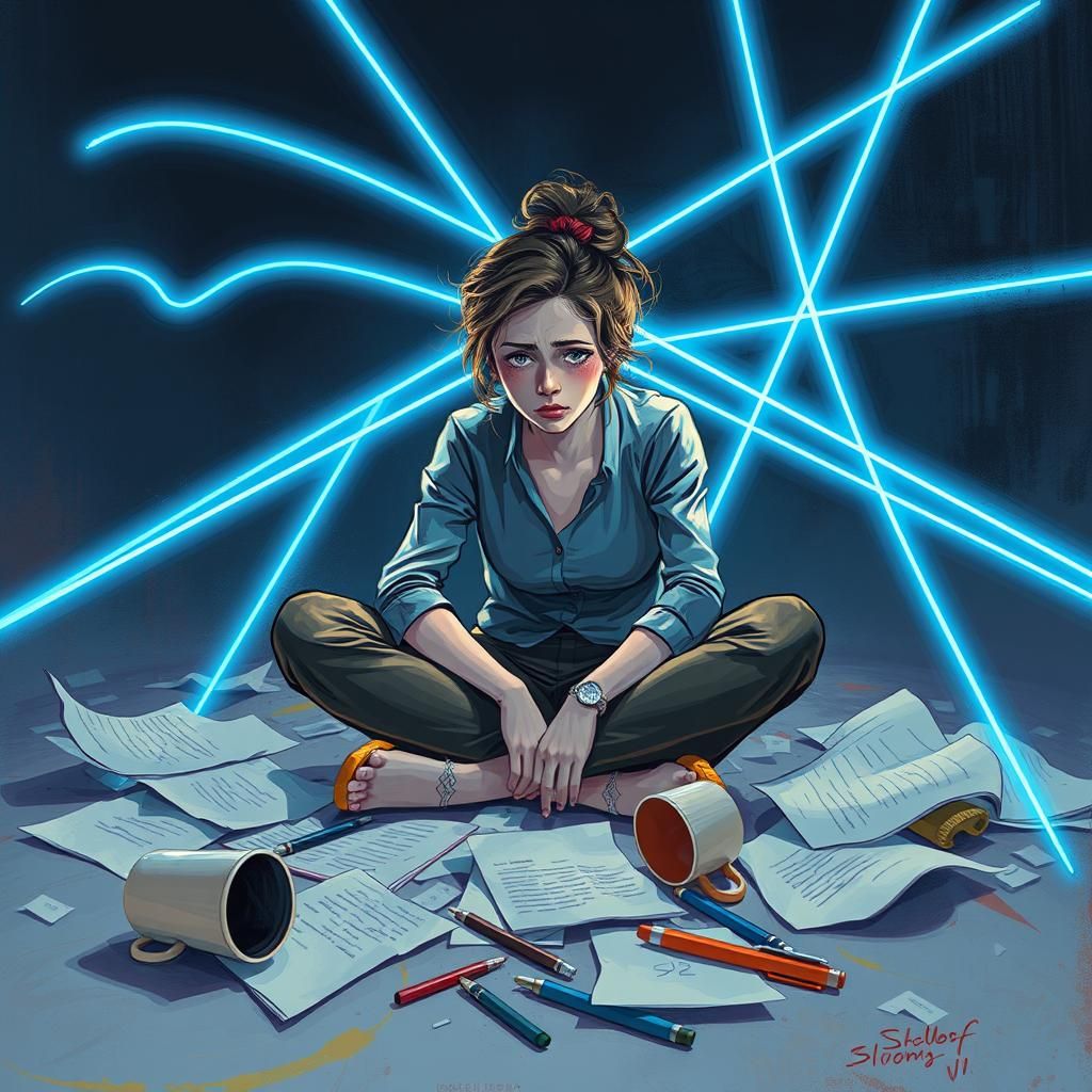 Frustrated Woman Surrounded by Glowing Lines, Neon Art