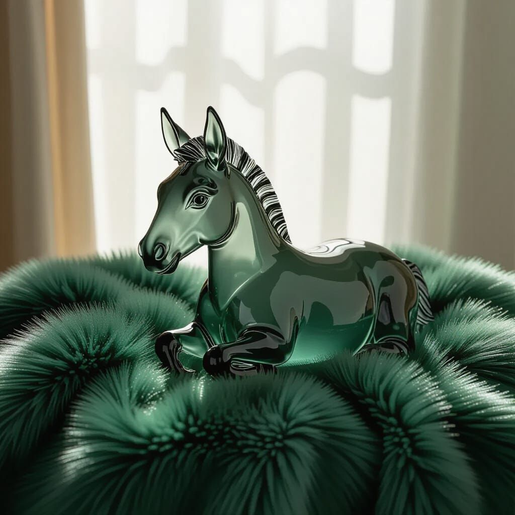 Blown Glass Donkey on Emerald Fur Throw