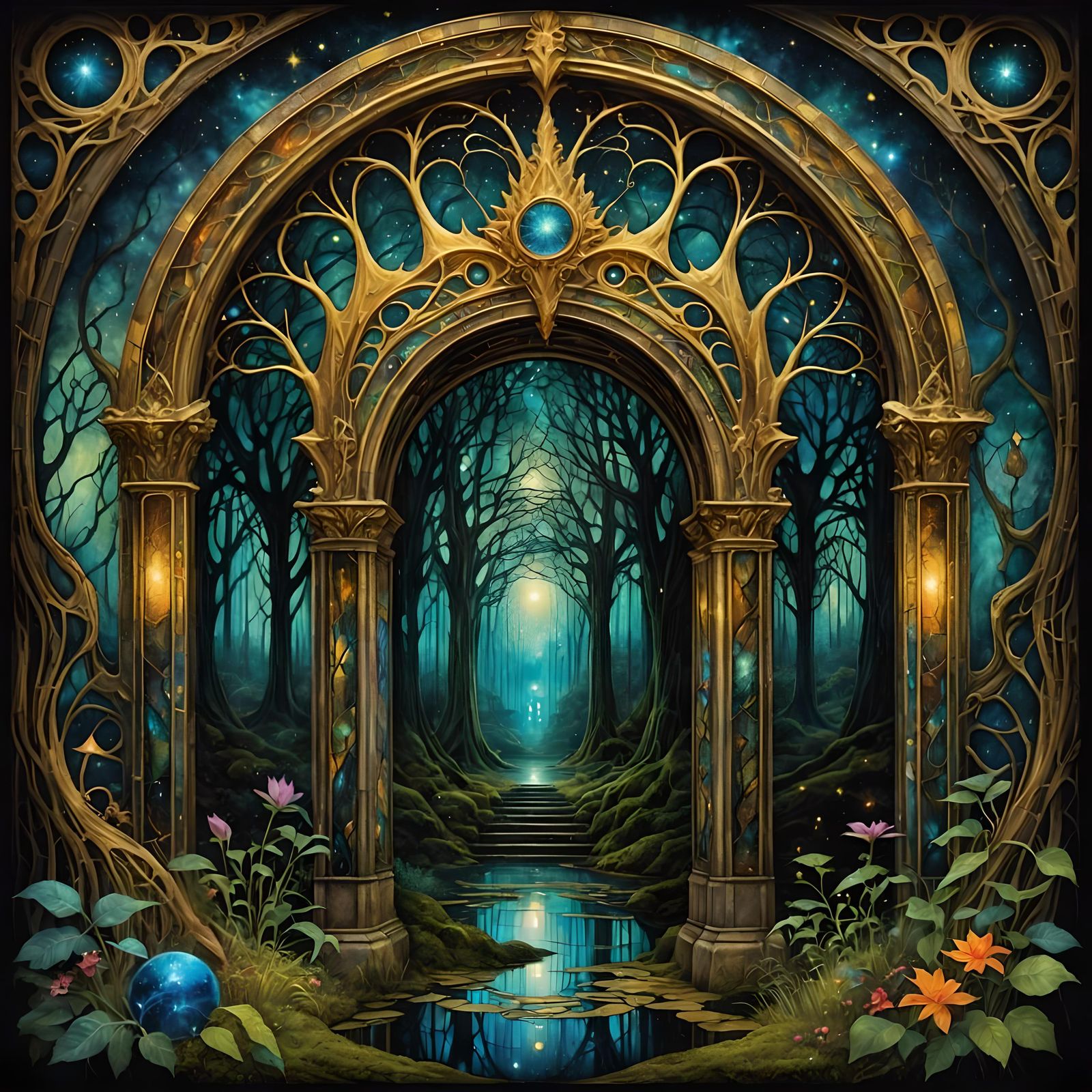 Enchanted Forest Portal to Cosmic Dimension, Surreal Art