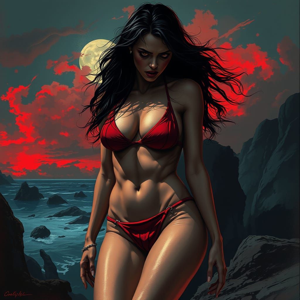 Terrified Woman in Dark Landscape, Gothic Horror Style