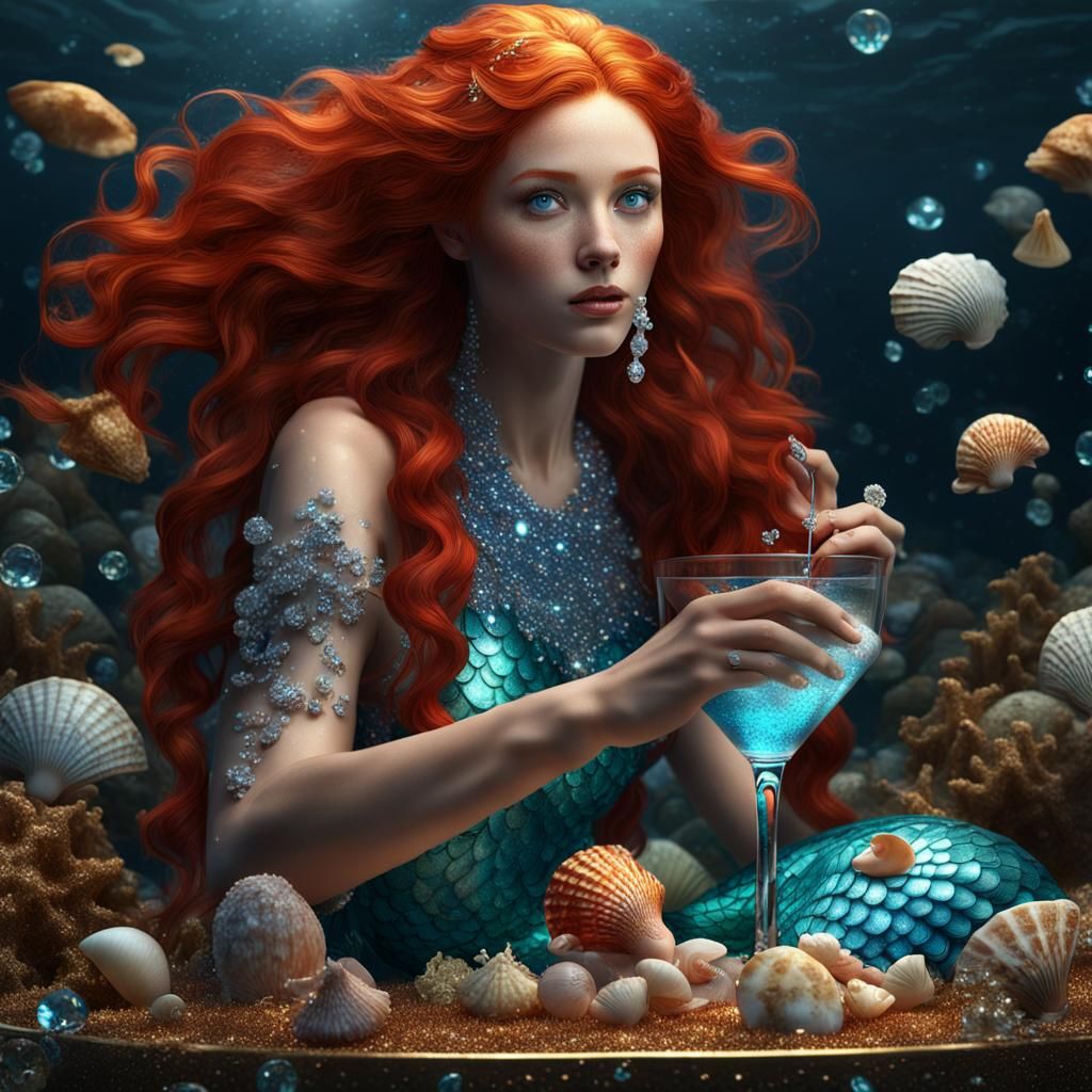 Hyperrealistic Red-Haired Mermaid with Martini Glass