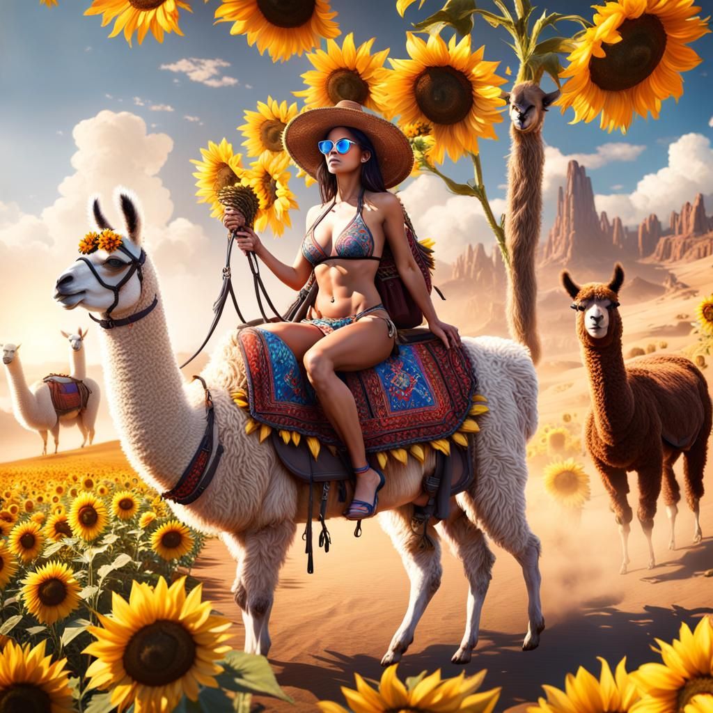 Woman on Llama with Red Bull and Sunflowers