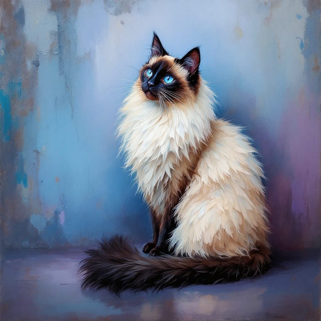 Elegant Siamese Cat Impasto Painting