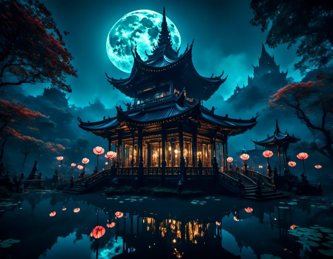 Misty Full Moon Night Temple by Lotus Pond