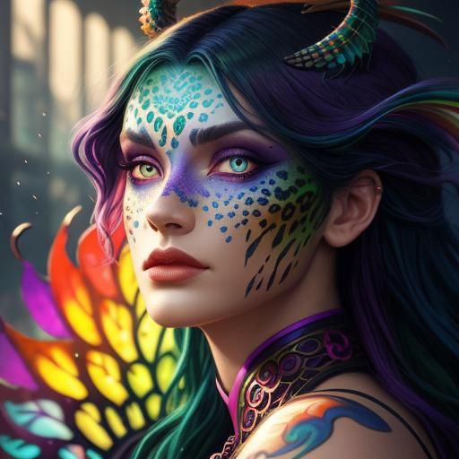 Fantasy Woman with Dragon Scales and Peacock Hair