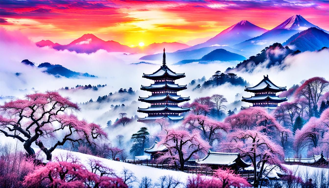 Misty Japanese Winter Landscape in Stained Glass Style