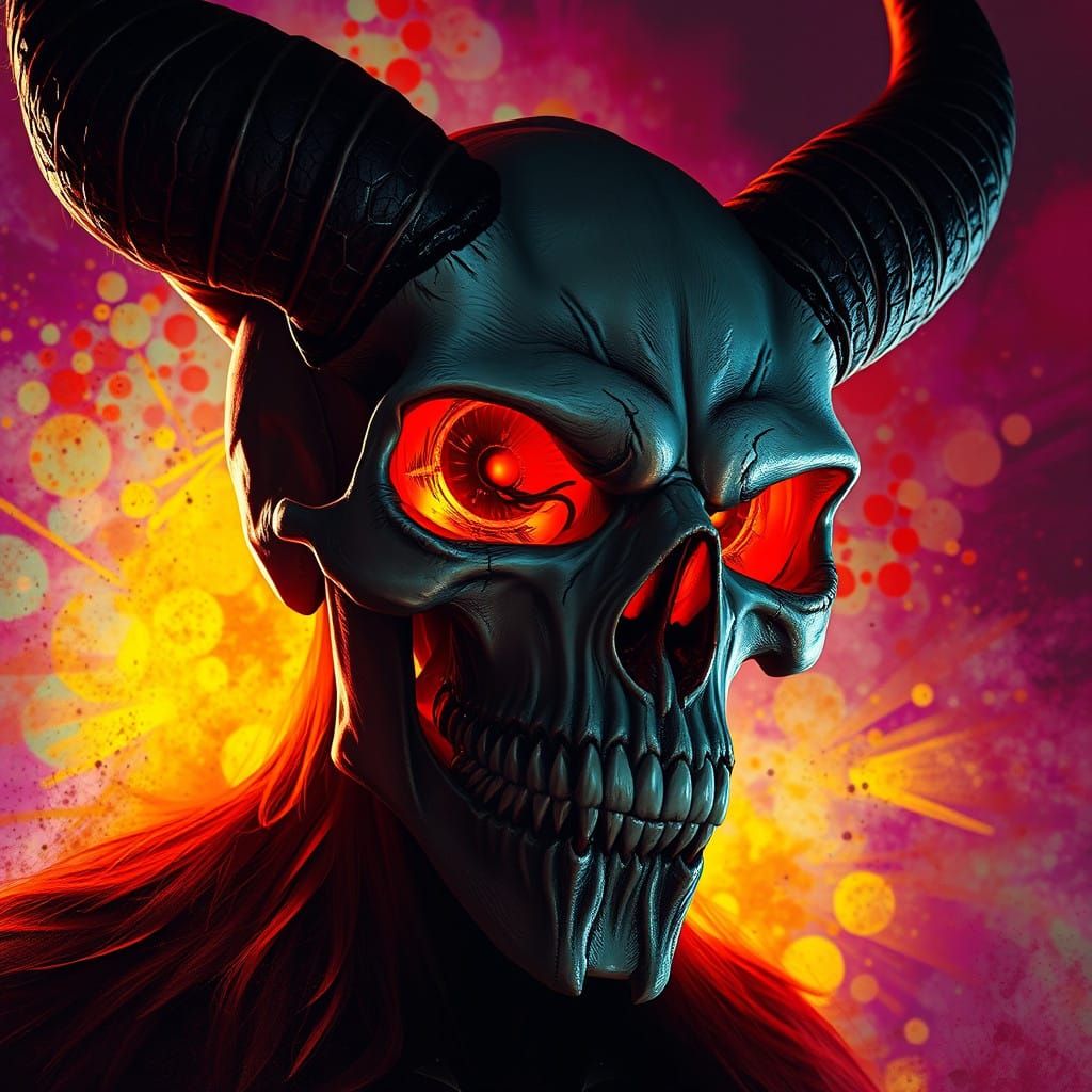 Hyperrealistic Demon Skull in Vibrant, Splash Art Style