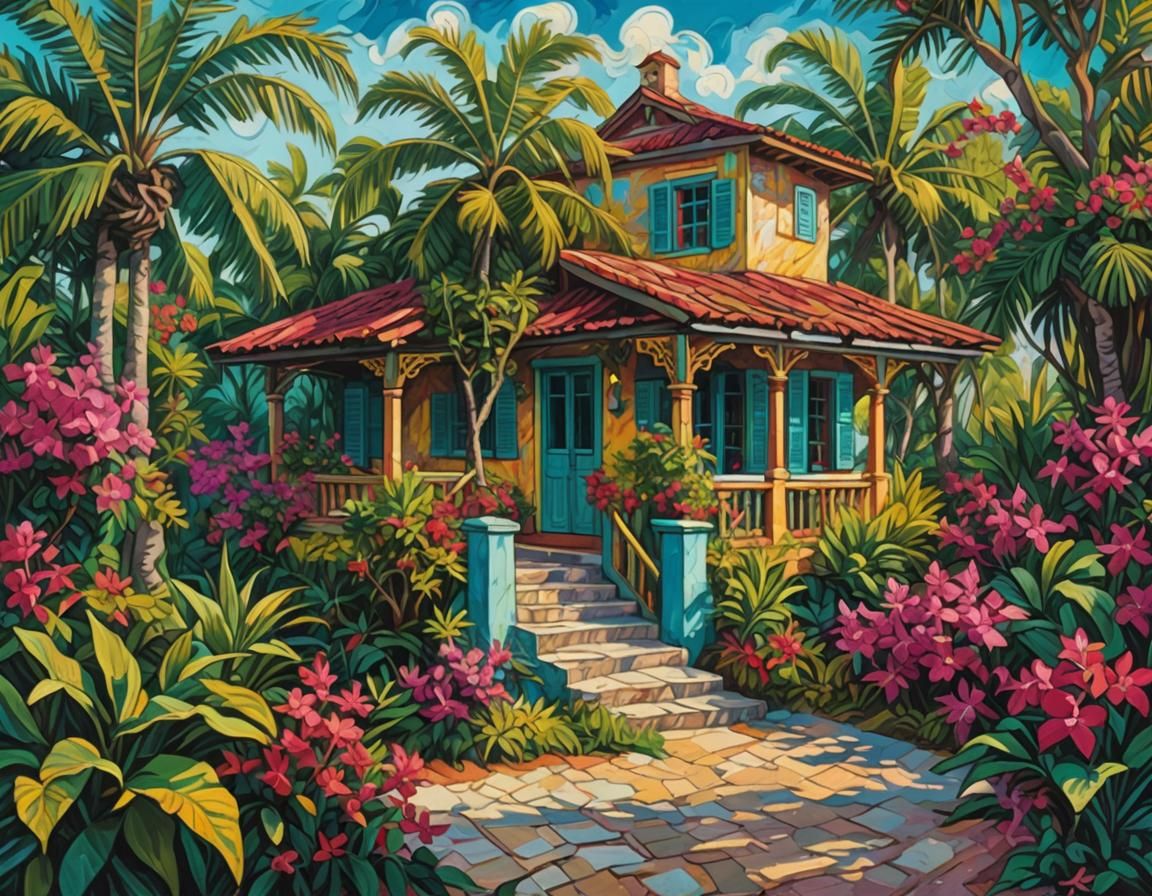 Colorful Caribbean Home in Impressionist Style