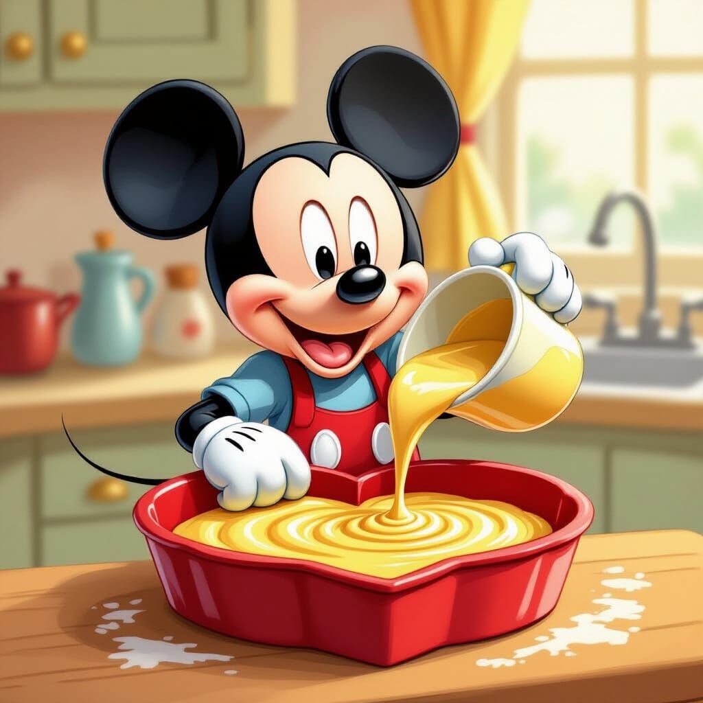 Mickey Mouse Concentrates on Baking a Heart Cake
