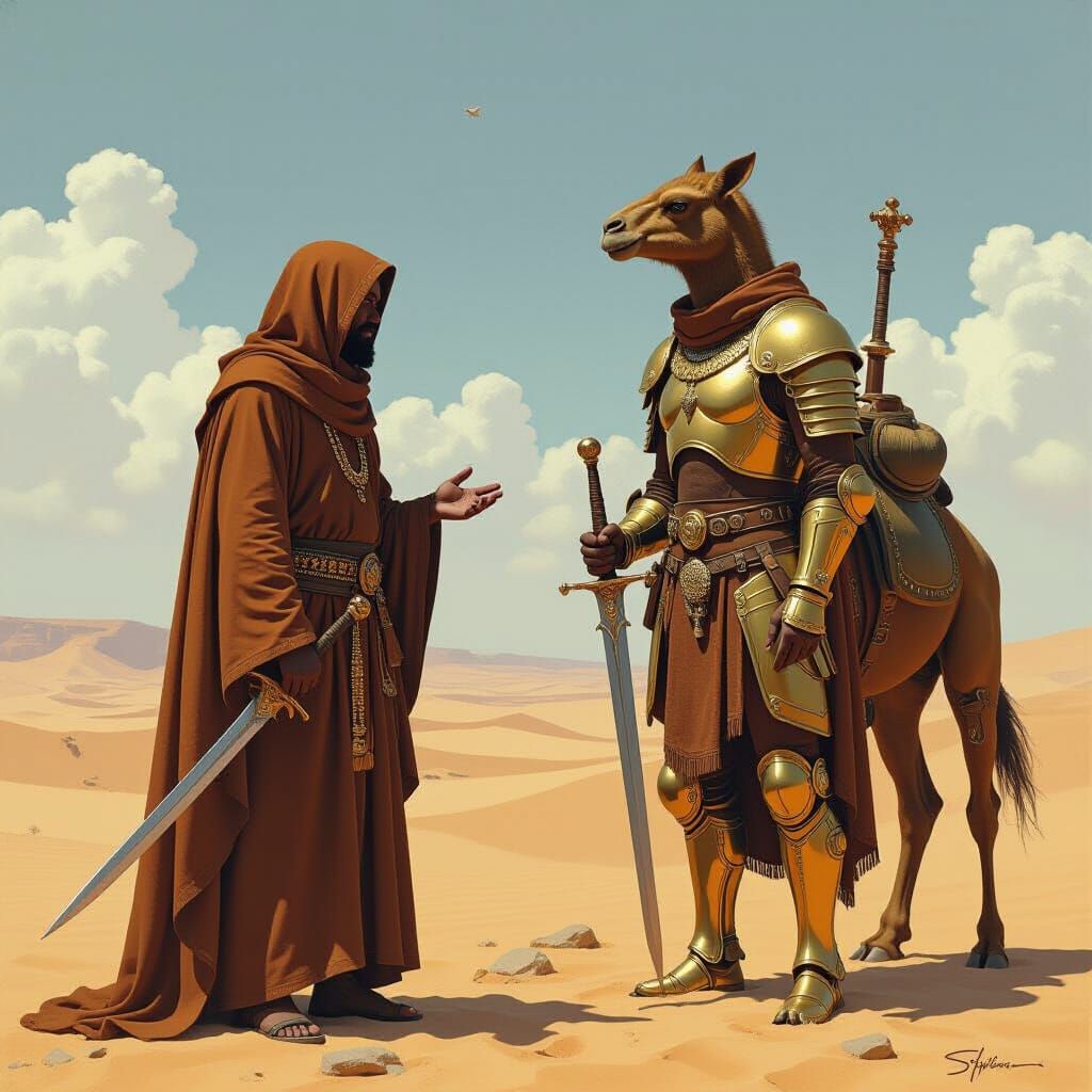 Tuareg Warrior and Armored Camel in Surreal Desert
