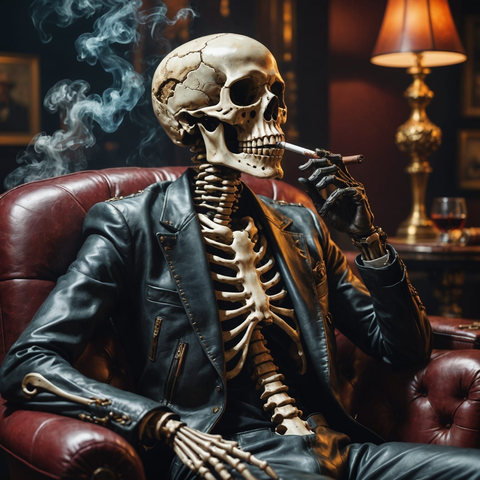 Hyperrealistic Skeleton Smoking Cigar on Leather Lounge