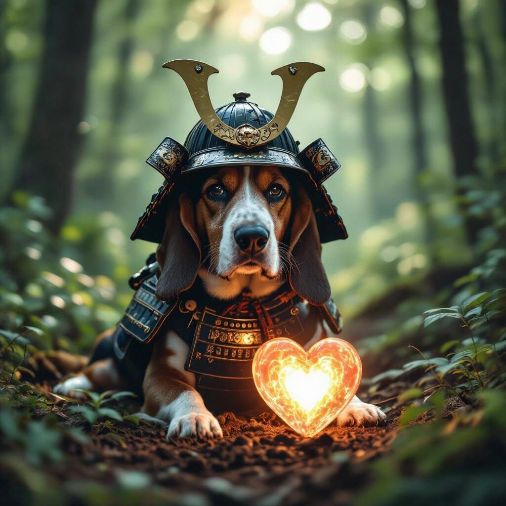 Bassett Hound in Samurai Helmet Protects Enchanted Heart