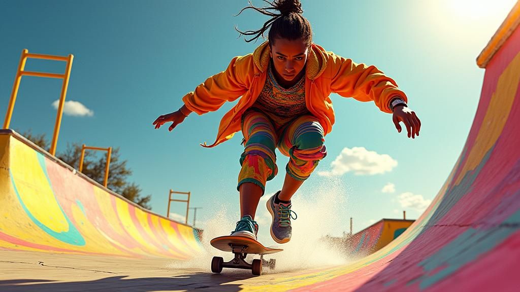 Skateboarder Races Through Vibrant Skatepark