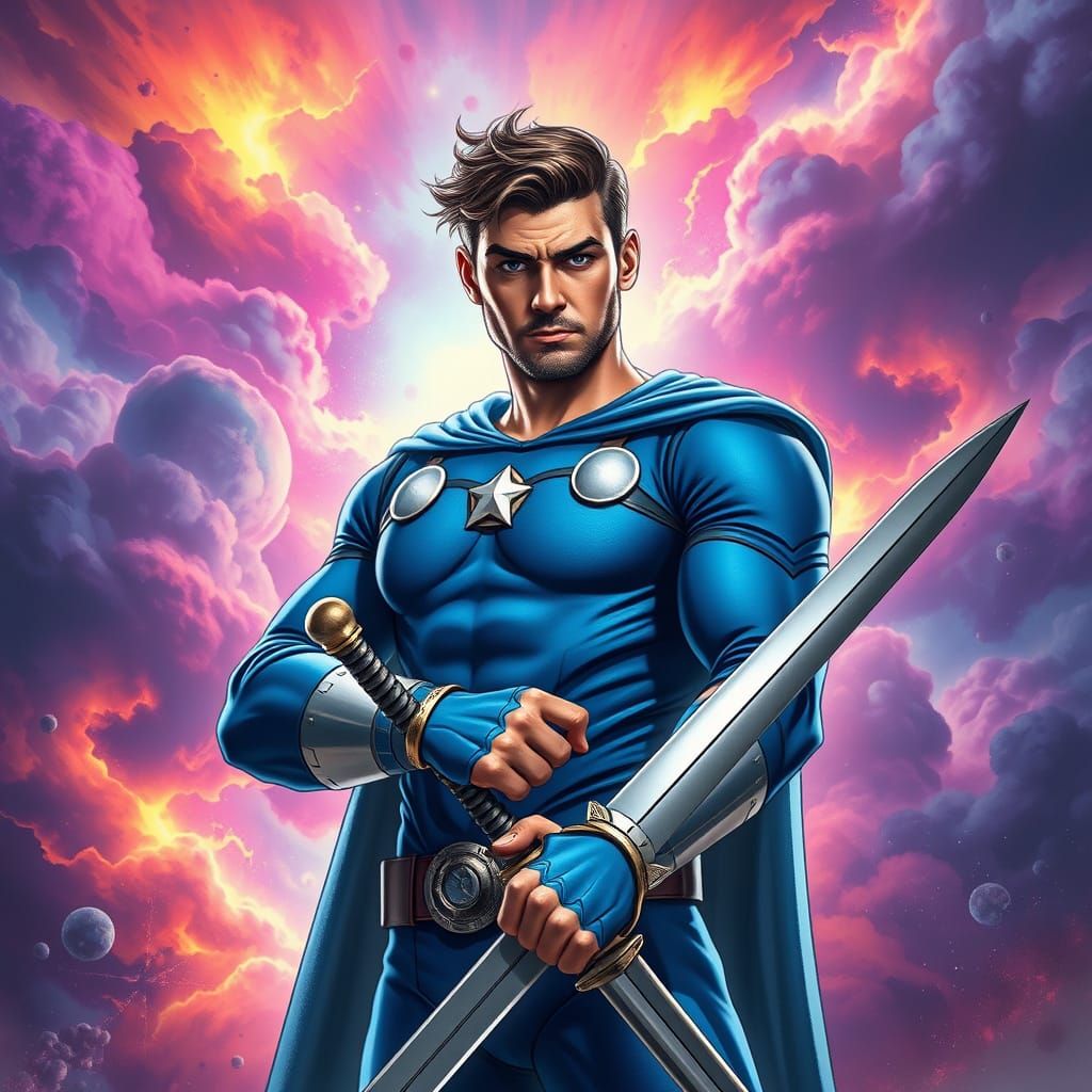 Handsome Superhero with Sword in Cosmic Storm