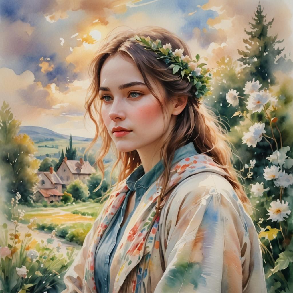 Dreamy Watercolor Portrait of Girl in Village