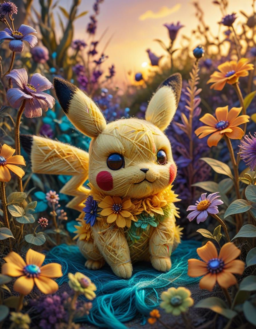 Whimsical Steampunk Pikachu in a Vibrant Floral Oasis