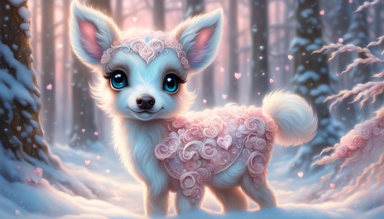 cute pink blue fawn chibi, big sparkly eyes, snowy white hea...