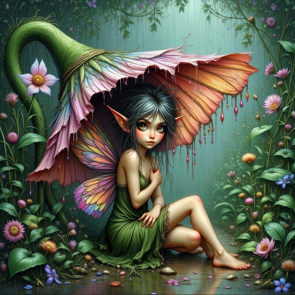 Whimsical Fairies Seek Shelter in a Rainy Floral Oasis
