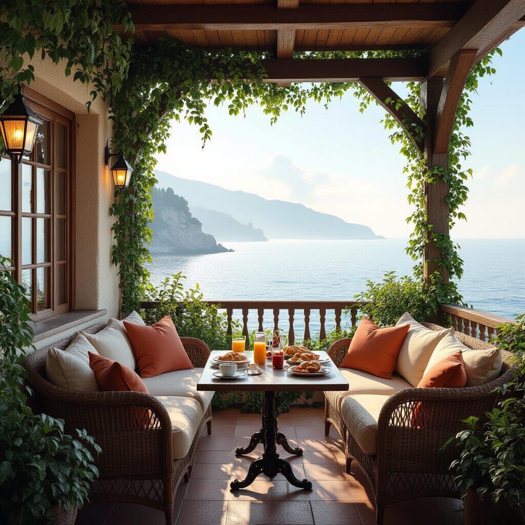 Italian Seaside Tavern Terrace in Matte Painting Style