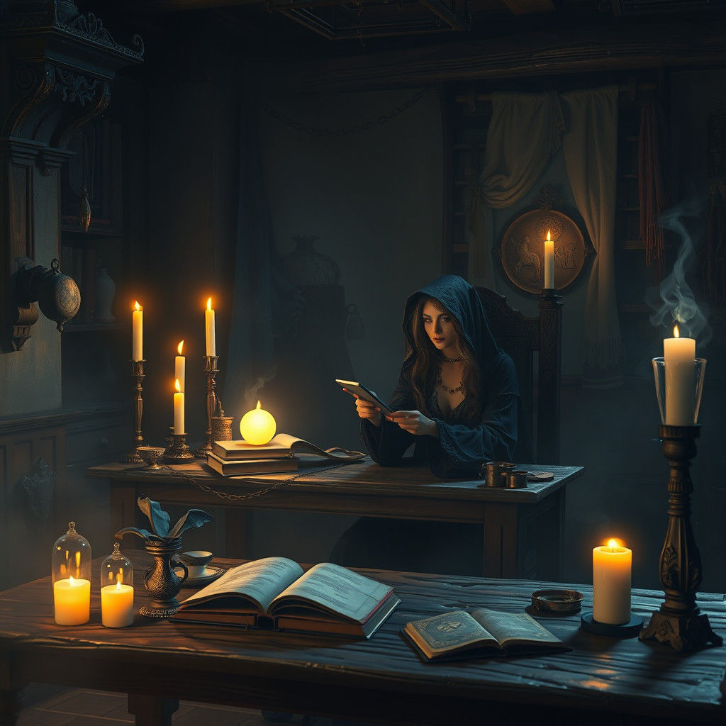 Mystical Sorceress at Ancient Desk in Matte Painting Style