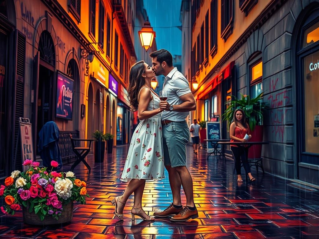Romantic Kiss in Polychromatic Graffiti Art Style