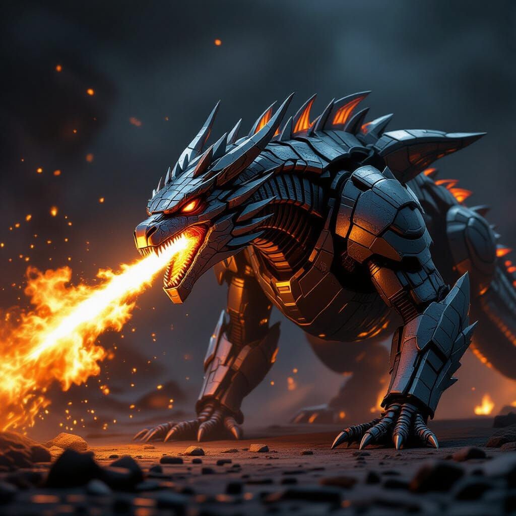 Armored Robotic Dragon Spewing Fire: Sci-Fi Art