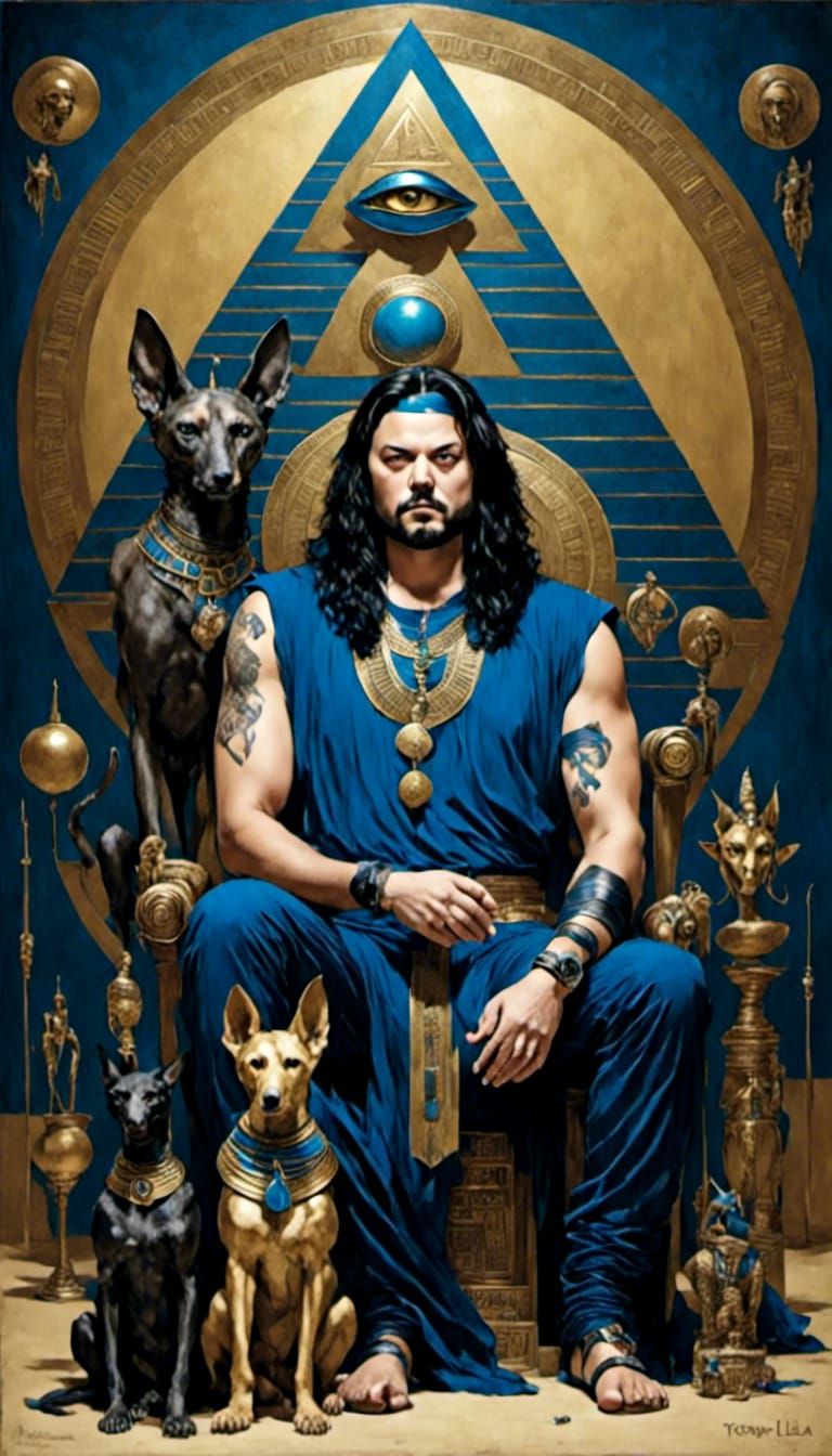 Egyptian Pharaoh in Pyramid with Anubis