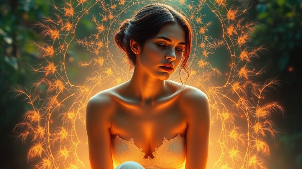 Glowing Aura Surrounds a Serene Woman in Nature