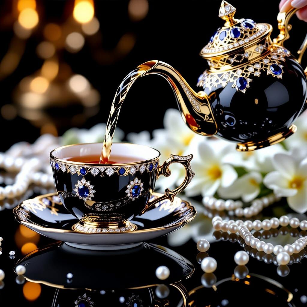 Diamond Encrusted Onyx Tea Set with Gold Filigree
