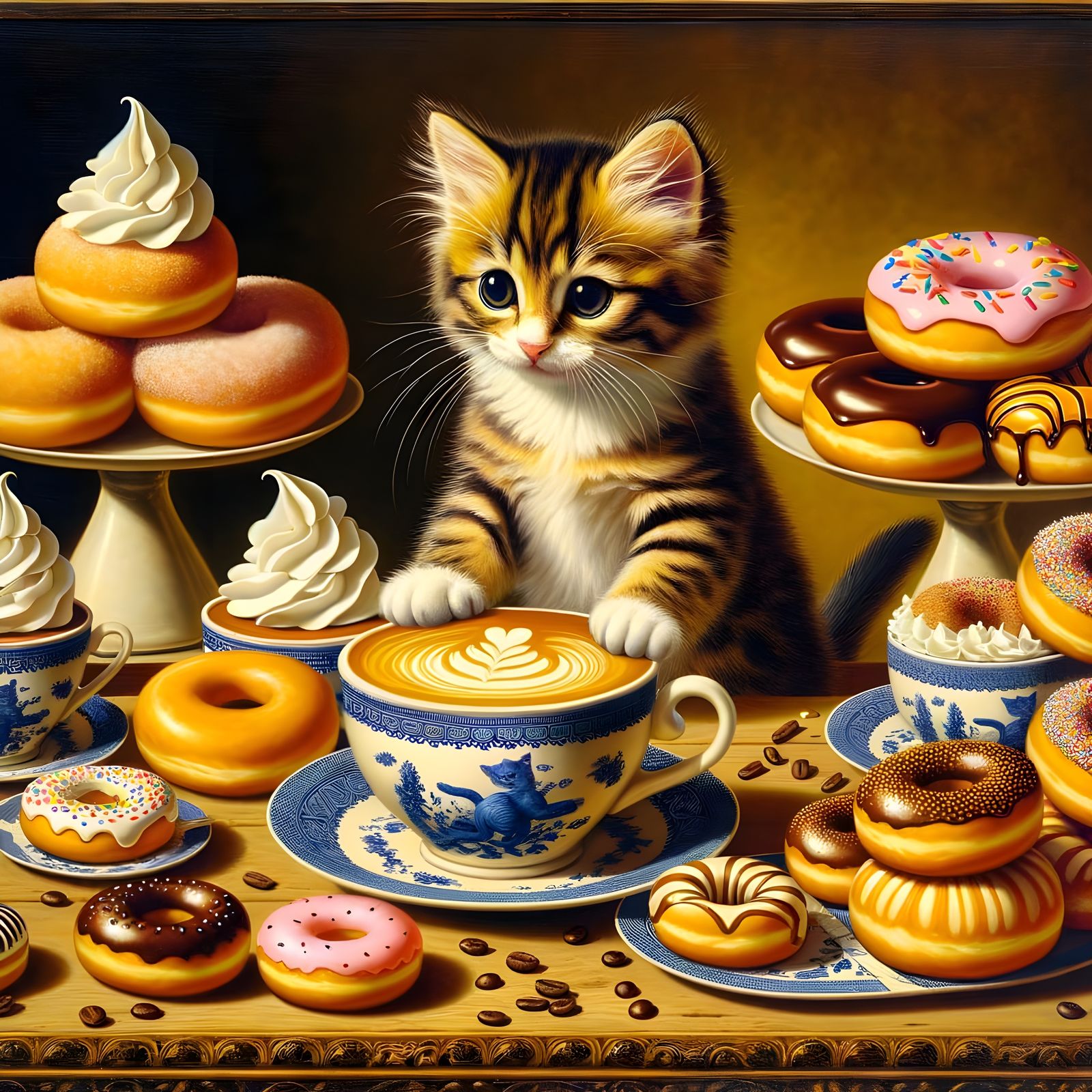 Whimsical Morning with Kitten Barista and Colorful Donuts