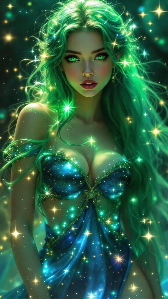 Mystical Goddess in Starry, Green Haired Splendor