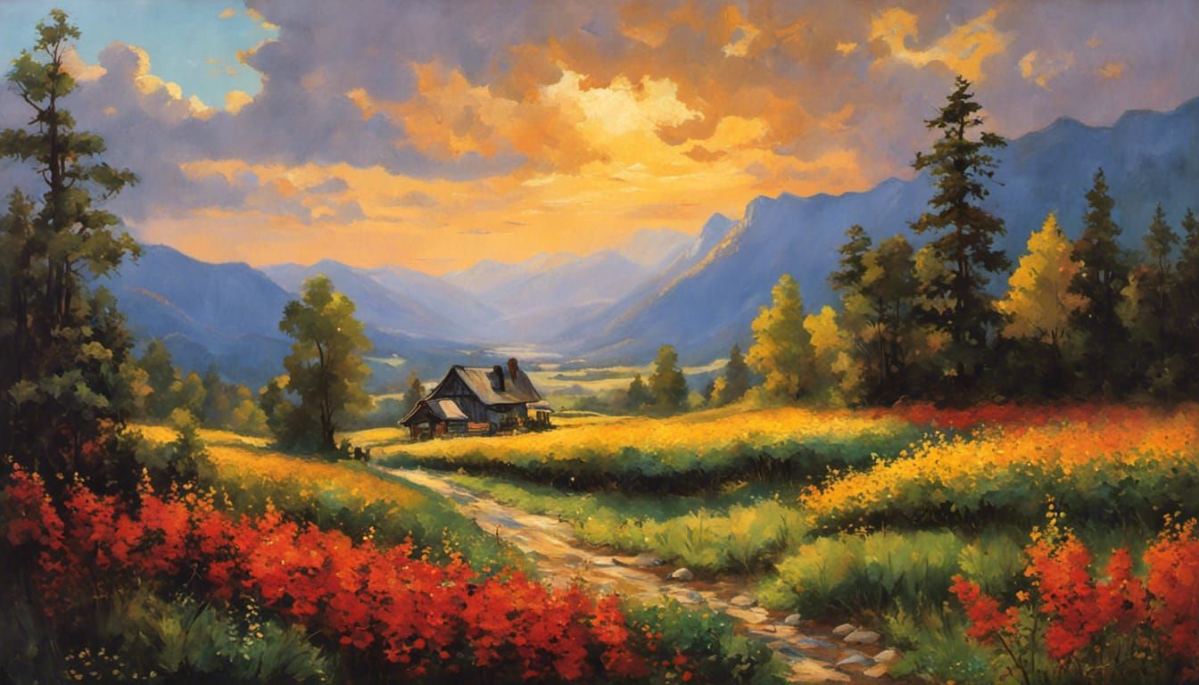 Mountain Landscape Oil Painting with Waterfalls