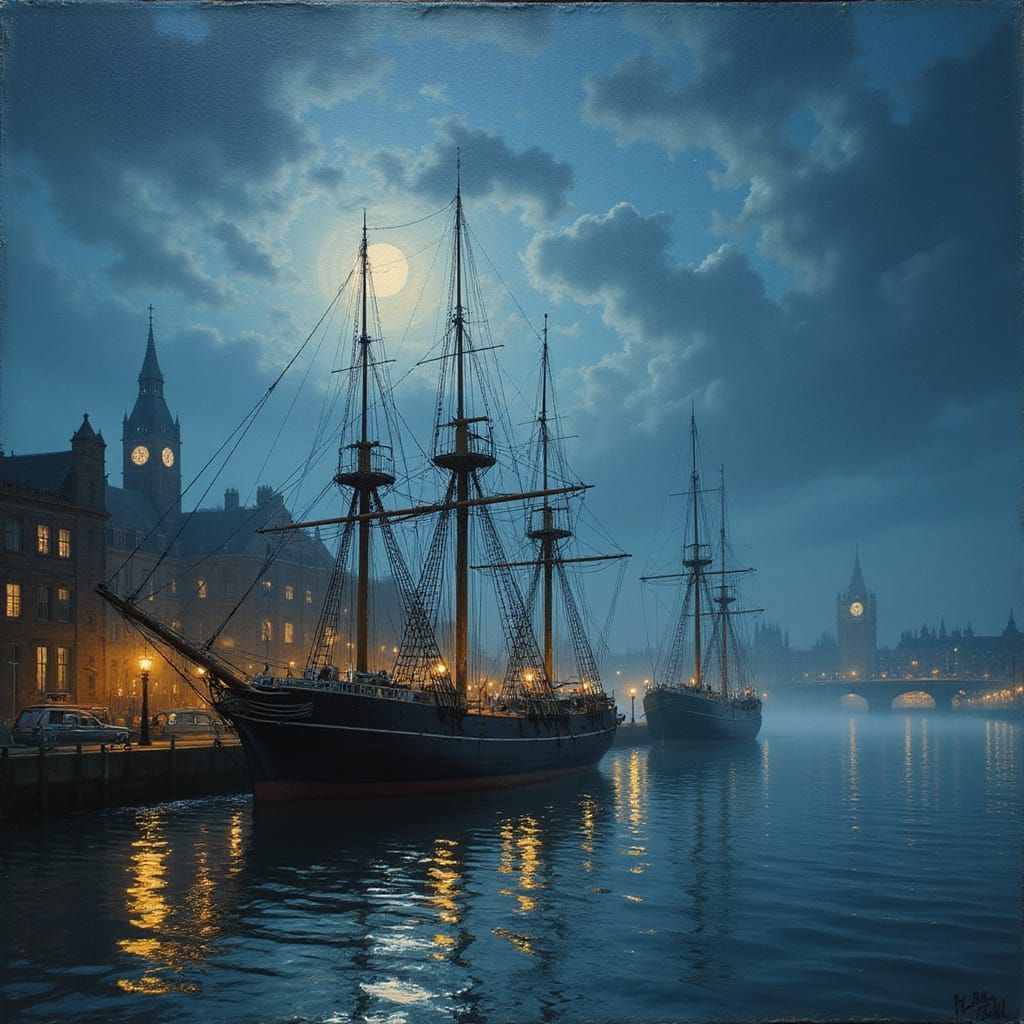 Surreal Victorian Harbor Scene Under Full Moon